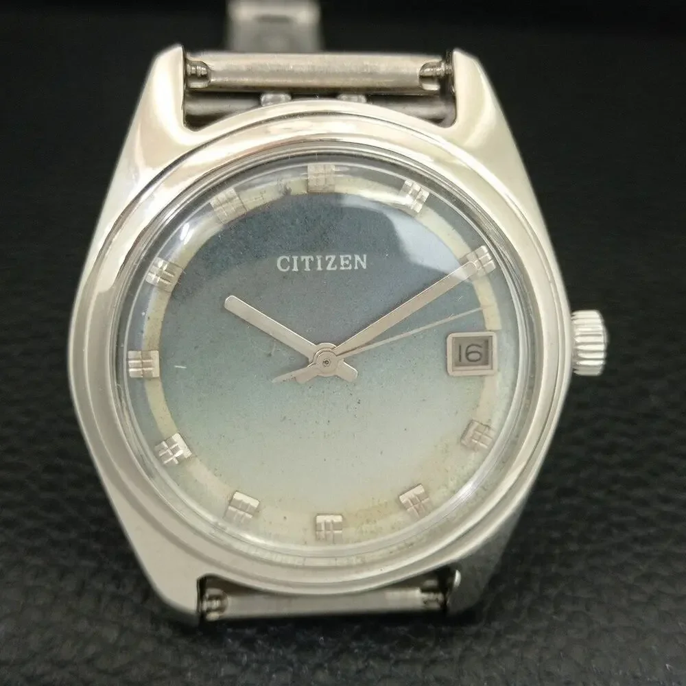 Vintage 1976 Citizen Manual Mens Silver Watch W/daydate & Blue accents